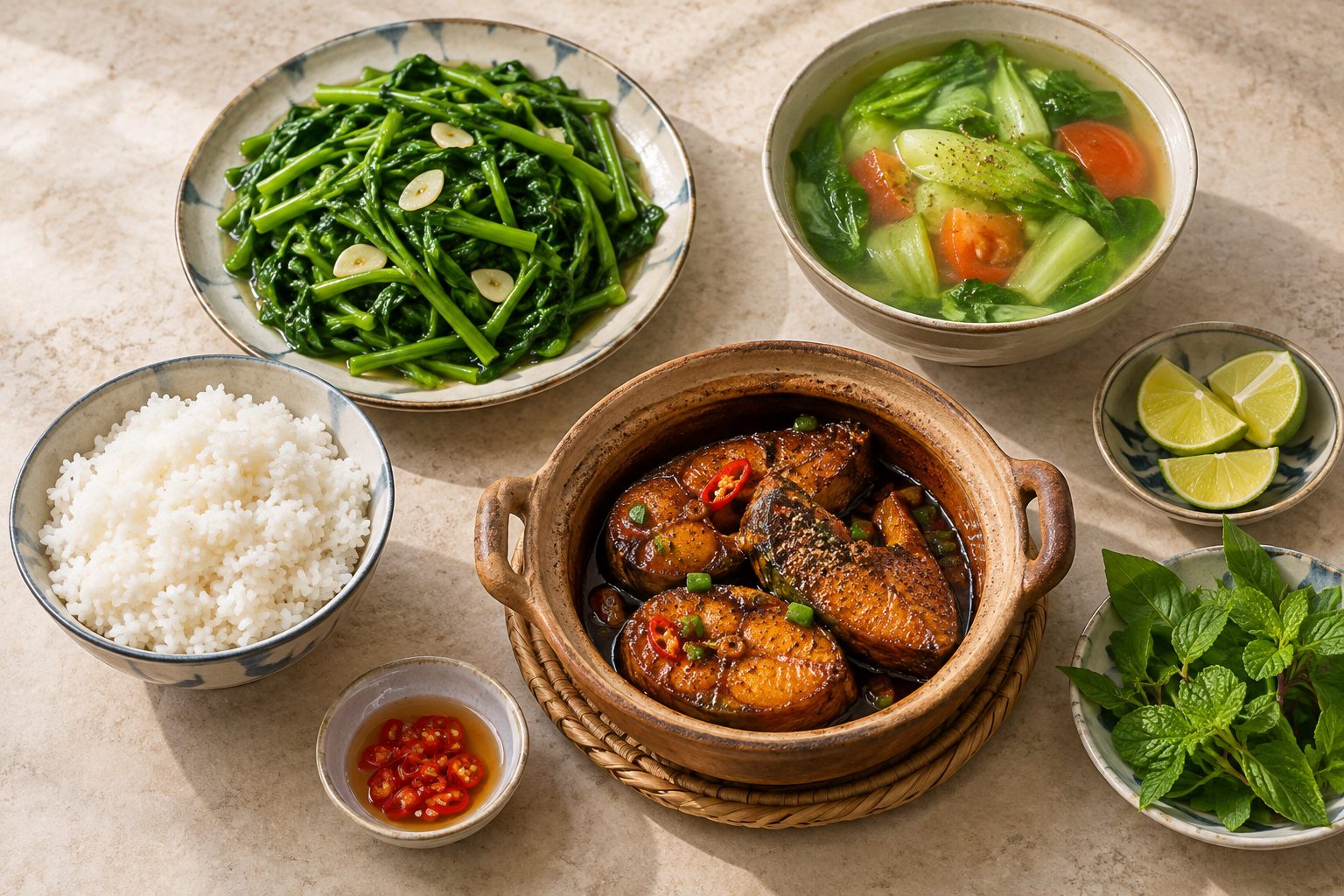Mâm cơm gia đình Việt Nam gồm cá kho tộ, canh rau, rau muống xào và cơm trắng